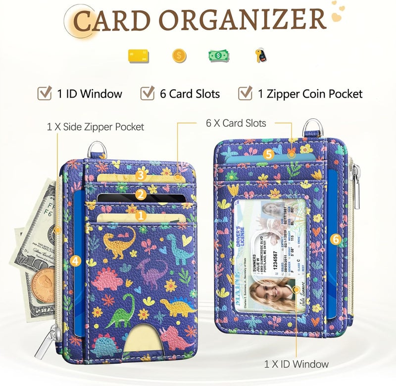Kelvoris Cute Dinosaur Credit Card Holder Small Wallet Women, Flowers Slim RFID Blocking Wallet Woman Keychain with Zipper Coin Pocket, Front Pocket Thin Travel Card Case with ID Window Ladies Gifts - Image 3
